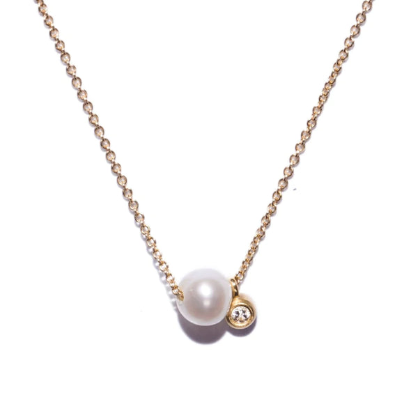 Simple Dainty Necklace with Diamond and Pearl - 14 Karat Gold