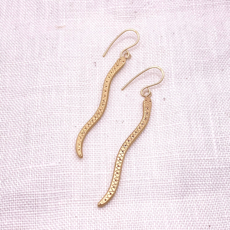 Matte Brass Snake Earrings with 10 karat Earwigs
