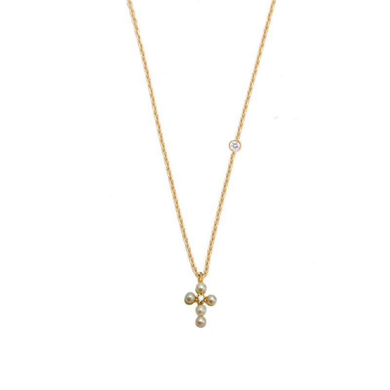 Pearl & CZ Cross Necklace