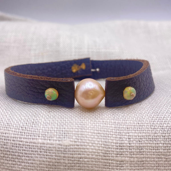Round Freshwater Pearl and Opals on Deerskin Bracelet