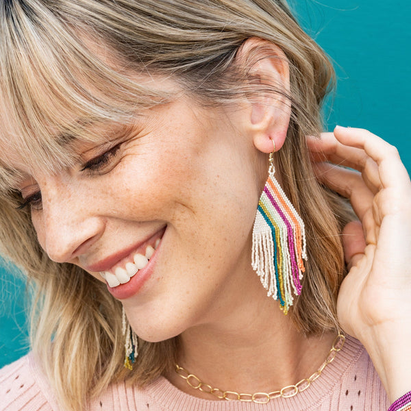 Haley Falling Lines Beaded Fringe Earrings Rainbow