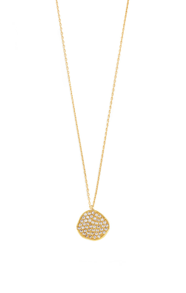 Large Irregular Shaped Disc with Pave Crystals - Gold Necklace