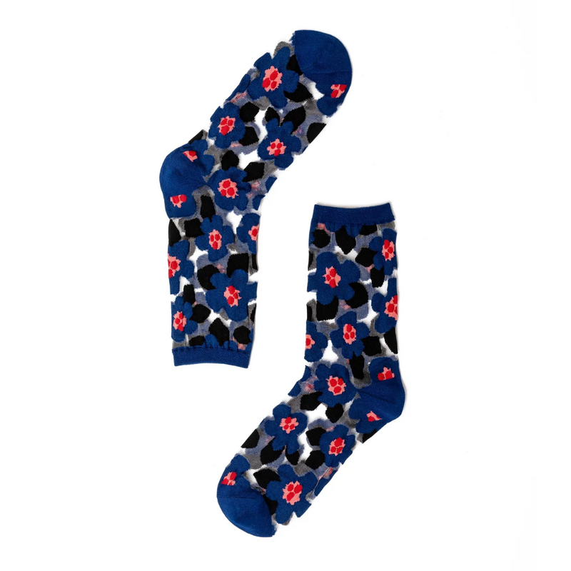 Bold Blue Floral Sheer Crew Sock