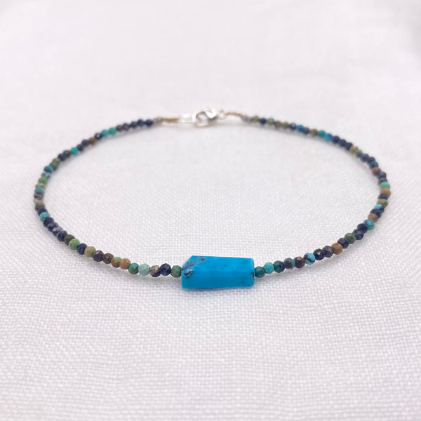 Micro Faceted Chrysocolla Bracelet with Peruvian Opal Center - Sterling Silver