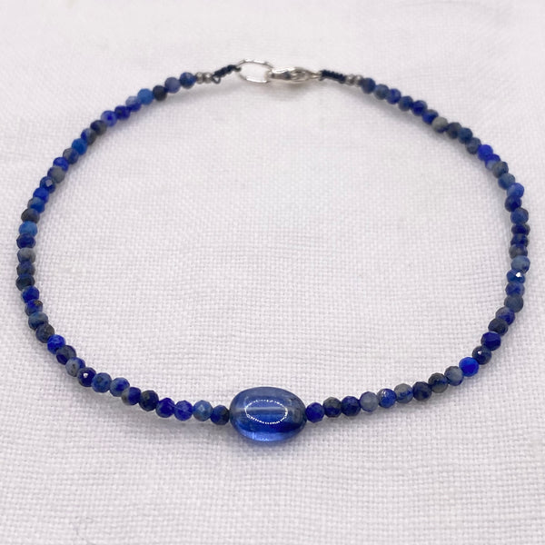 Micro Faceted Lapis Bracelet with Kyanite Center- Sterling Silver