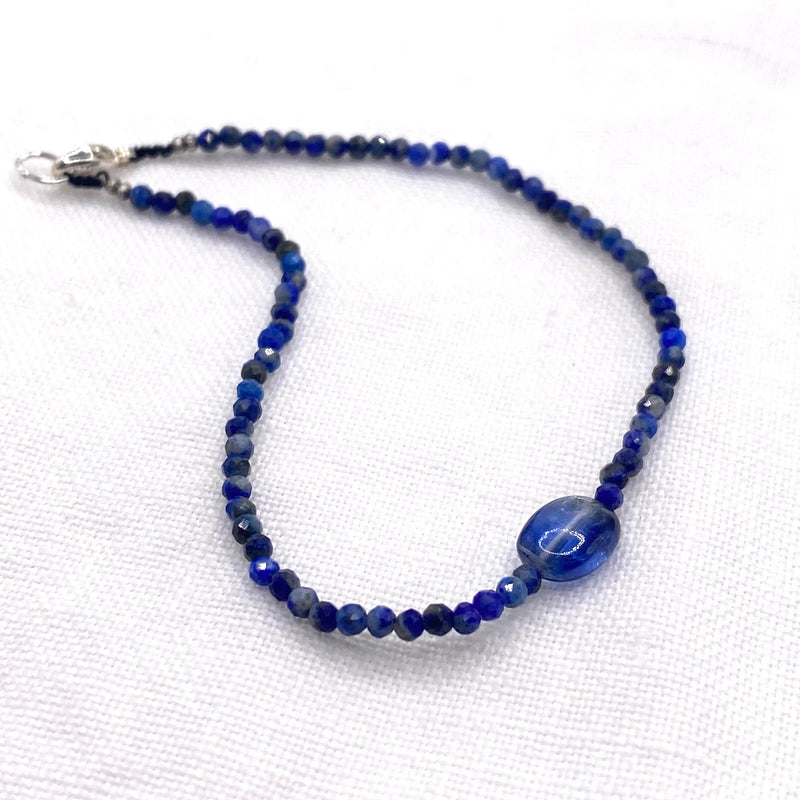 Micro Faceted Lapis Bracelet with Kyanite Center- Sterling Silver