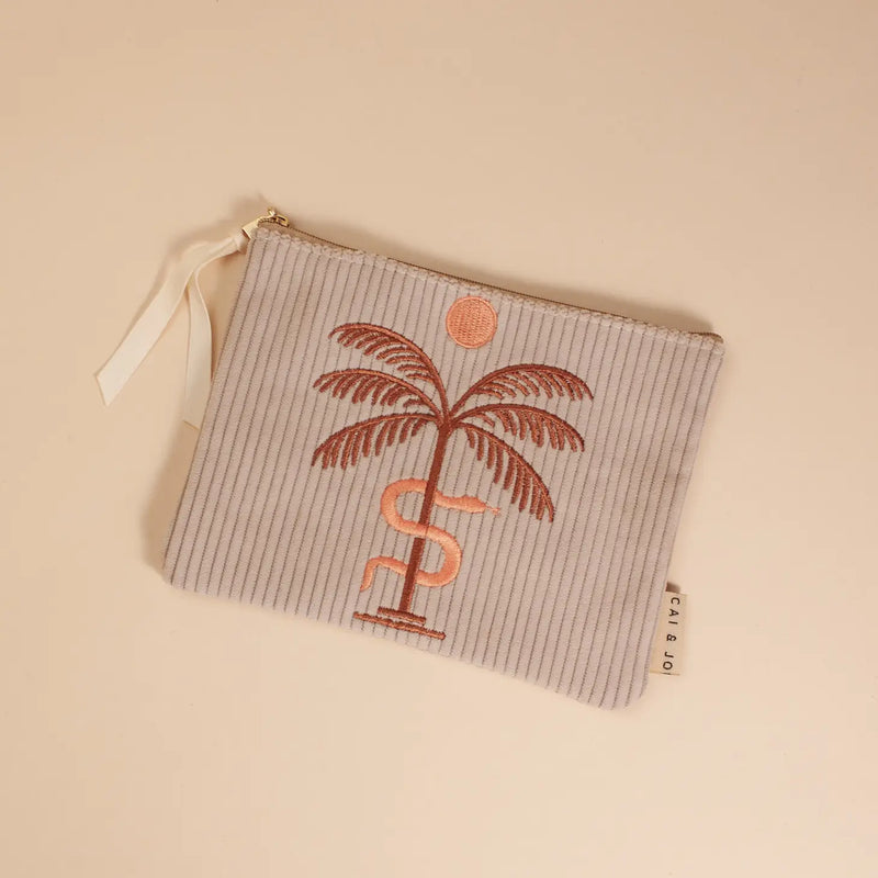 Corduroy Pouch in Stone with Palm Tree & Serpent