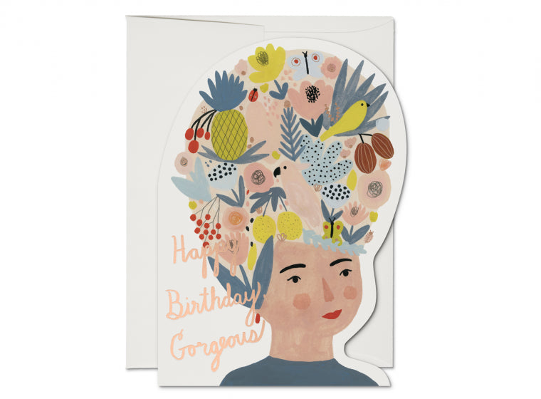 Fruit Hat Lady Die Cut Foil Birthday Card