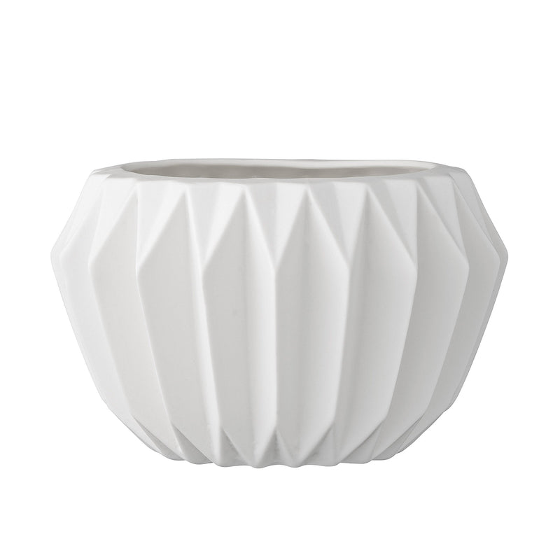 Wide Round Fluted Ceramic Pot - White
