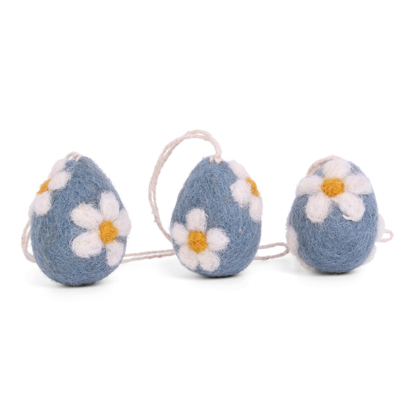 Felt Egg Ornaments w/Flowers, Blue, Set of 3