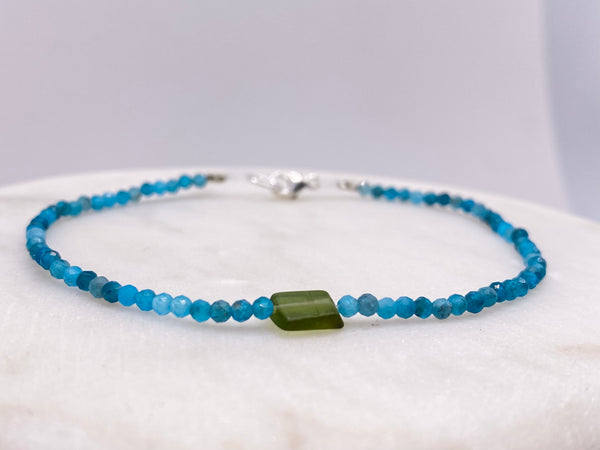 Tiny Faceted Chrysocolla Beads with Tourmaline- Sterling Clasp