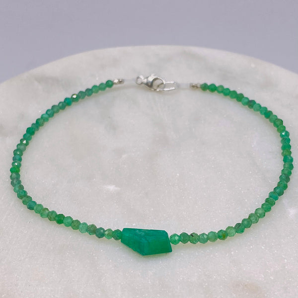 Tiny Faceted Emerald Bead Bracelet with Nugget - Sterling Clasp