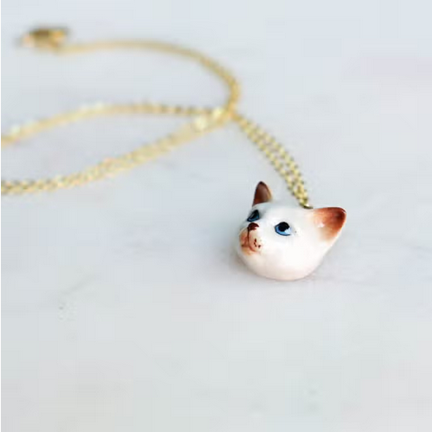 Tiny Ceramic George Cat Head Necklace