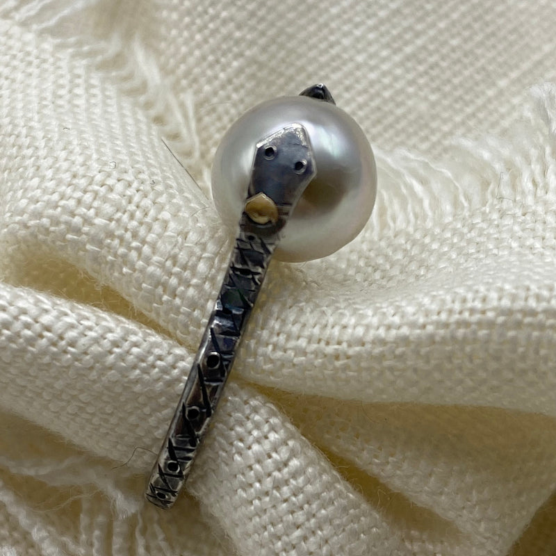 Silver Tahitian Pearl on Sterling Snake Ring- Size 6