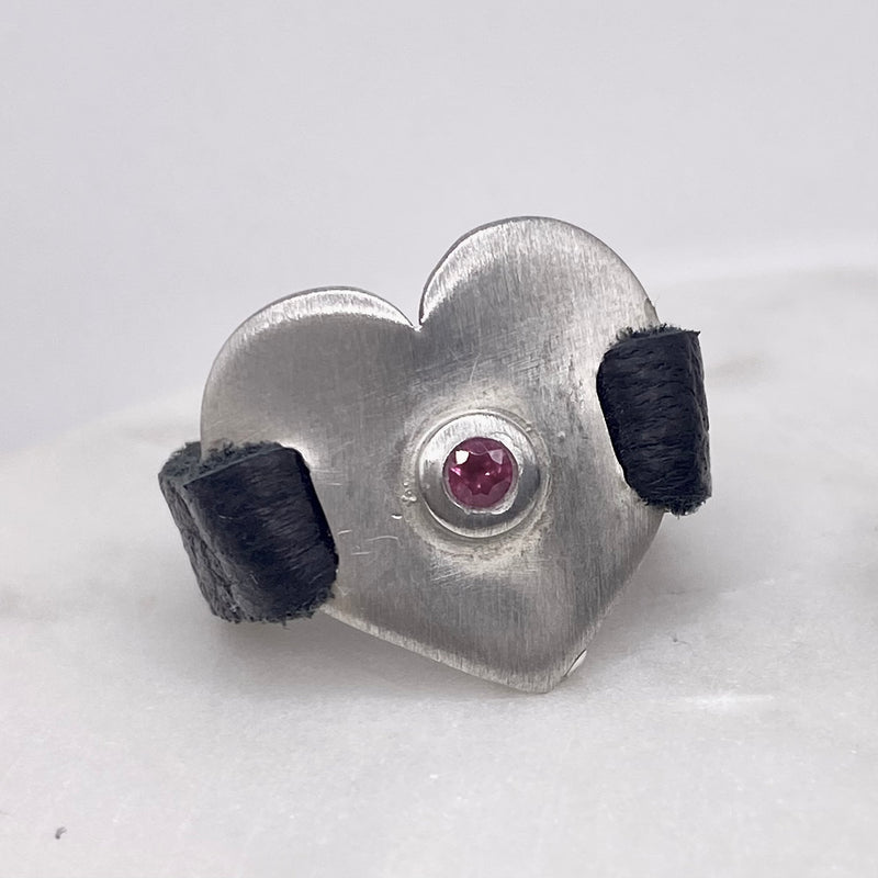 Leather Ring with Heart and Set Stone