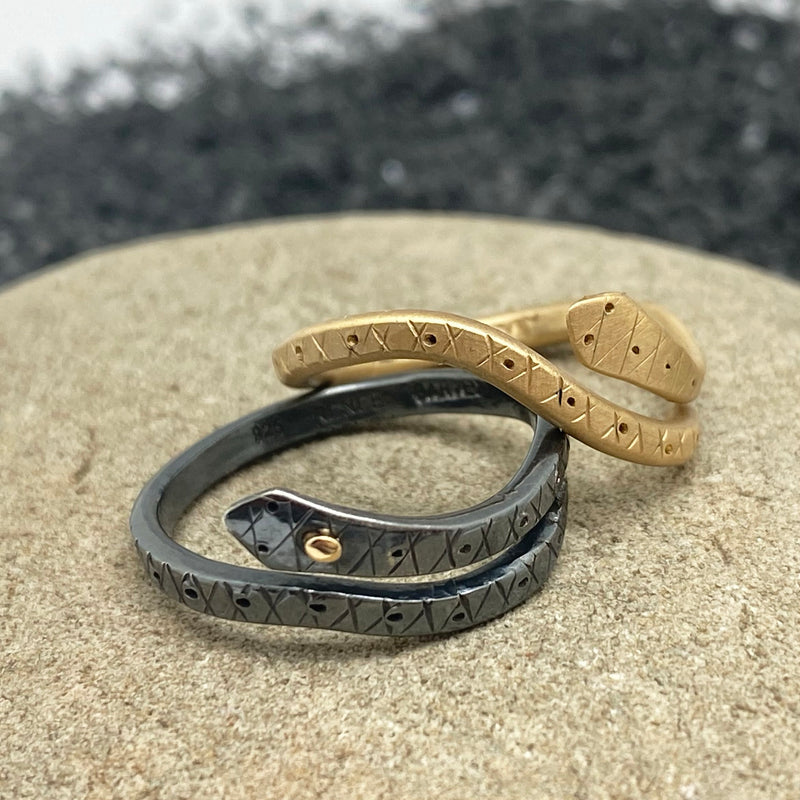 Snake Ring in Oxidized Sterling Silver with 14 Karat Gold Eye