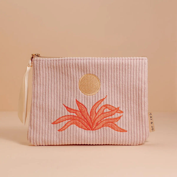 Corduroy Pouch in Pale Pink with Plant & Sun