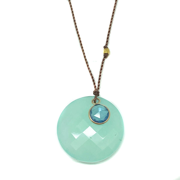 Green Chalcedony and Tanzanite Pendants on Silk Necklace with 18 Karat Gold