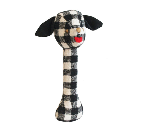 Puppy Stick Rattle Black Check Linen