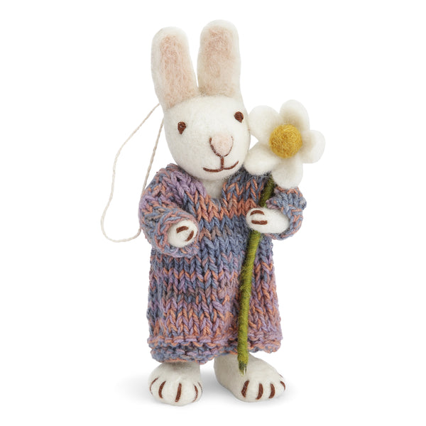 Felt Small White Bunny w/Multi Colorful Dress and Marguerite
